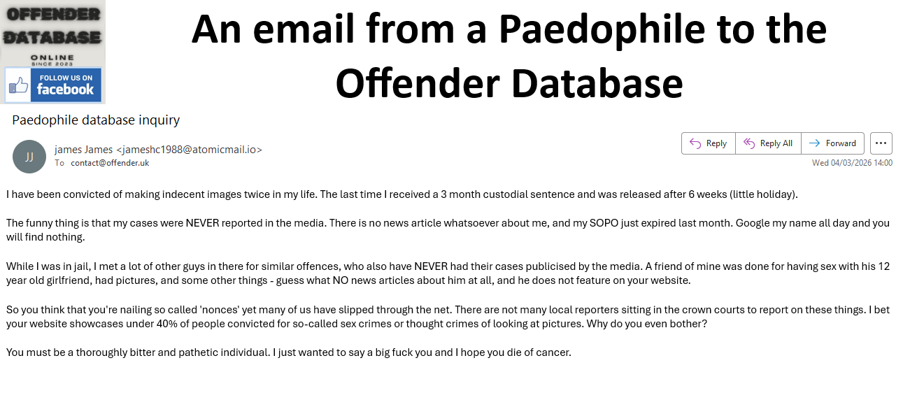 An email from a Paedophile to the Offender Database